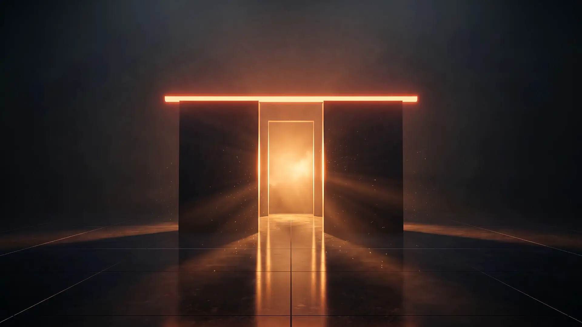 Dos monolitos negros con un dintel de luz naranja que ilumina la puerta entre ellos.